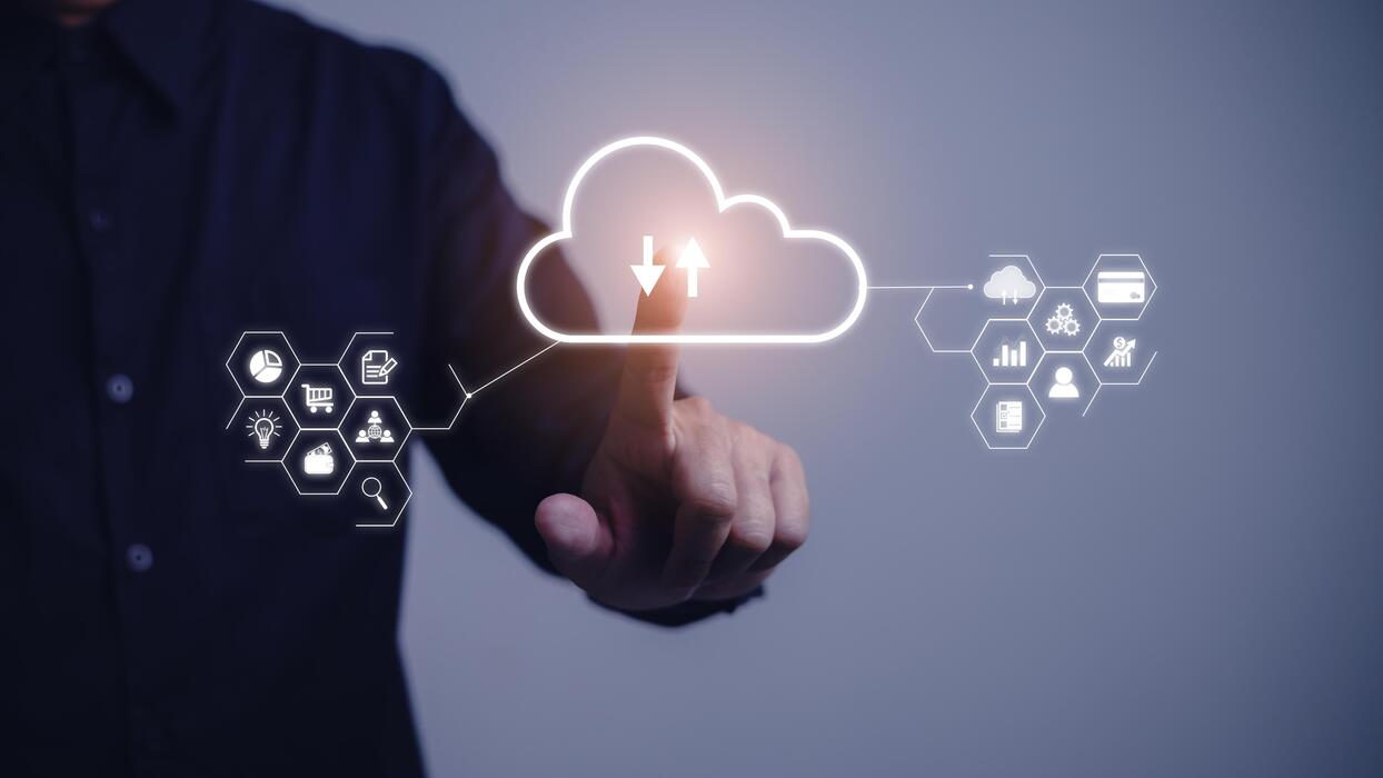Hand Touching Infographic Cloud Computing And Technology Icons Cloud Technology Is Centralize Collect Lifestyle And Confidential Information Such As Internet Banking Password And Shopping Free Photo